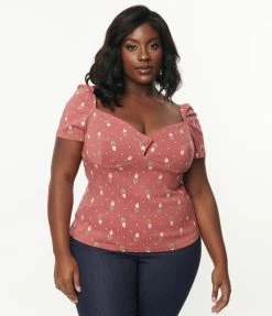 Sale Unique Vintage Plus Size Rose & Pink Tulip Print Nora Top