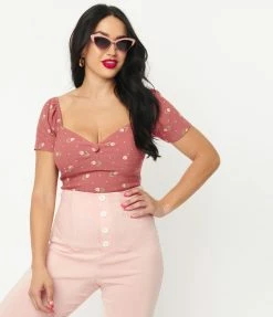 Sale Unique Vintage Rose & Pink Tulip Print Nora Top