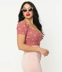 Sale Unique Vintage Rose & Pink Tulip Print Nora Top