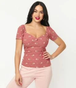 Sale Unique Vintage Rose & Pink Tulip Print Nora Top