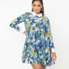 Unique Vintage Blue & Yellow Floral Print Peggy Babydoll Dress
