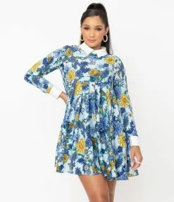 Unique Vintage Blue & Yellow Floral Print Peggy Babydoll Dress