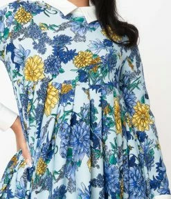 Unique Vintage Blue & Yellow Floral Print Peggy Babydoll Dress