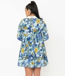 Unique Vintage Blue & Yellow Floral Print Peggy Babydoll Dress