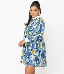 Unique Vintage Blue & Yellow Floral Print Peggy Babydoll Dress