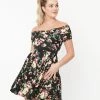 Unique Vintage Black & Pink Roses Spotlight Stealer Flare Dress Sale
