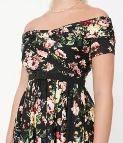 Unique Vintage Black & Pink Roses Spotlight Stealer Flare Dress Sale