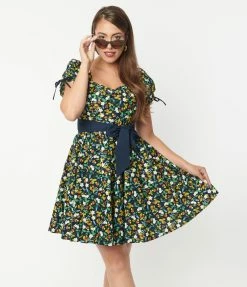 Unique Vintage Black & Ditzy Strawberry Print Dakota Flare Dress Sale