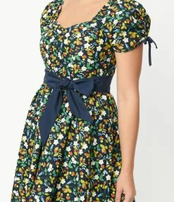 Unique Vintage Black & Ditzy Strawberry Print Dakota Flare Dress Sale