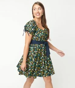 Unique Vintage Black & Ditzy Strawberry Print Dakota Flare Dress Sale
