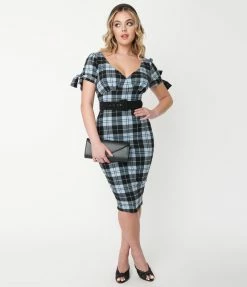 Unique Vintage Light Blue & Black Plaid Lydia Wiggle Dress