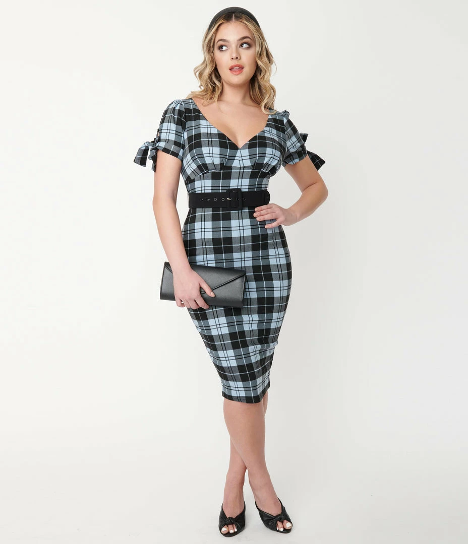 Unique Vintage Light Blue & Black Plaid Lydia Wiggle Dress