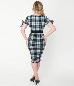 Unique Vintage Light Blue & Black Plaid Lydia Wiggle Dress