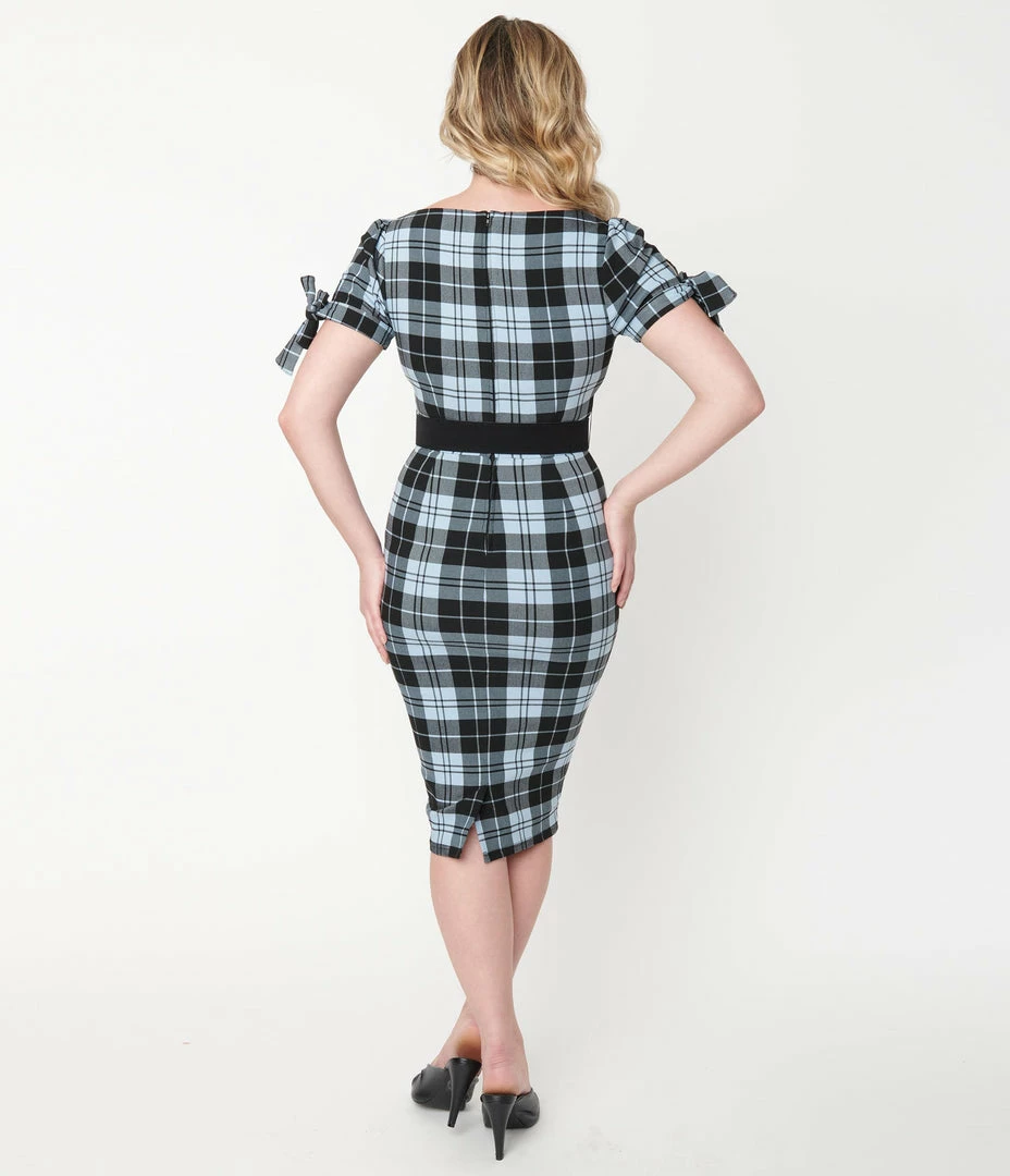 Unique Vintage Light Blue & Black Plaid Lydia Wiggle Dress