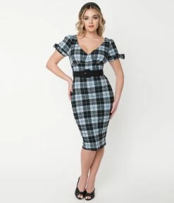 Unique Vintage Light Blue & Black Plaid Lydia Wiggle Dress