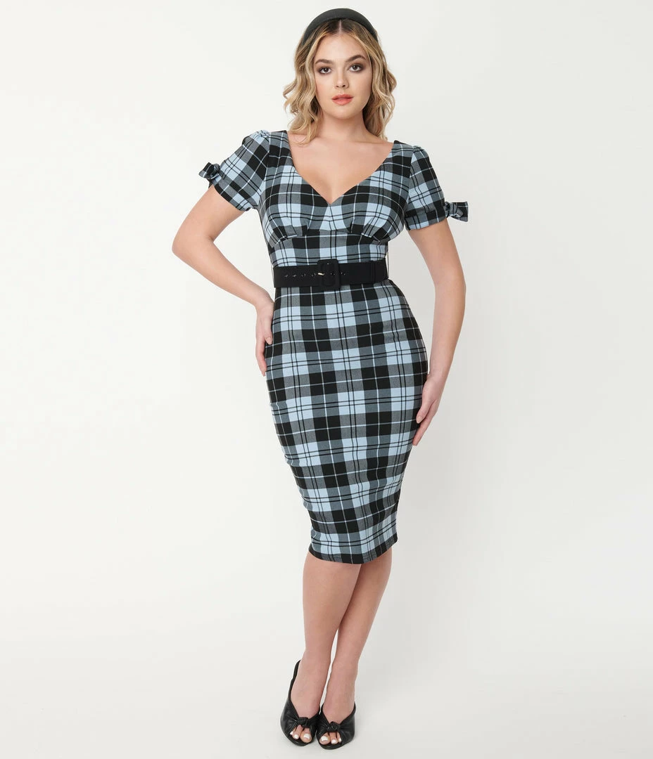 Unique Vintage Light Blue & Black Plaid Lydia Wiggle Dress