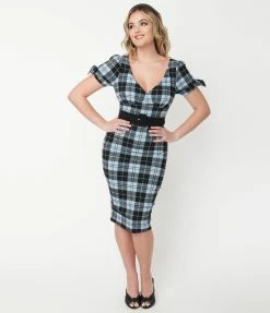 Unique Vintage Light Blue & Black Plaid Lydia Wiggle Dress