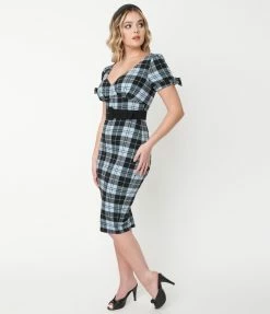 Unique Vintage Light Blue & Black Plaid Lydia Wiggle Dress