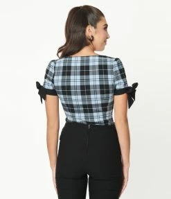 Unique Vintage Light Blue & Black Plaid Noreen Top Sale