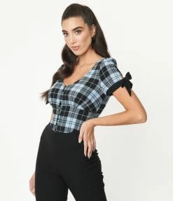 Unique Vintage Light Blue & Black Plaid Noreen Top Sale