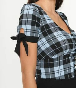 Unique Vintage Light Blue & Black Plaid Noreen Top Sale
