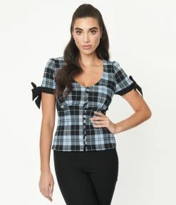 Unique Vintage Light Blue & Black Plaid Noreen Top Sale