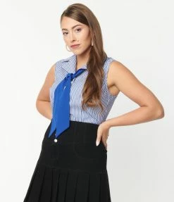 Unique Vintage Blue & White Stripe Bow Truvy Top Sale