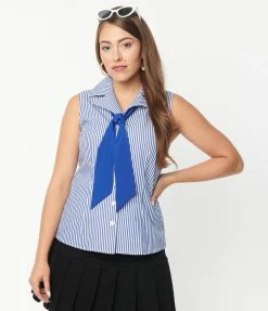 Unique Vintage Blue & White Stripe Bow Truvy Top Sale