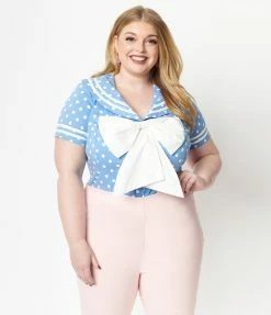 Sale Unique Vintage Plus Size Periwinkle & White Polka Dots Candy Sailor Blouse