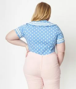 Sale Unique Vintage Plus Size Periwinkle & White Polka Dots Candy Sailor Blouse
