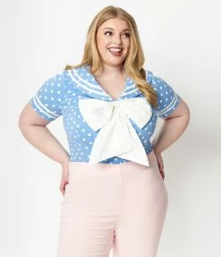 Sale Unique Vintage Plus Size Periwinkle & White Polka Dots Candy Sailor Blouse