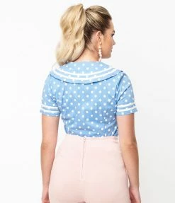 Unique Vintage Periwinkle & White Polka Dots Candy Sailor Blouse Sale