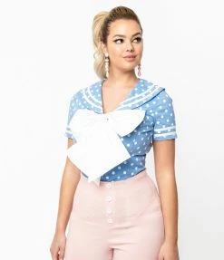 Unique Vintage Periwinkle & White Polka Dots Candy Sailor Blouse Sale