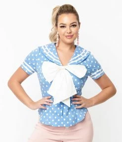 Unique Vintage Periwinkle & White Polka Dots Candy Sailor Blouse Sale