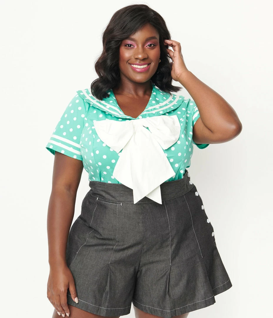 Sale Unique Vintage Plus Size Seafoam & White Polka Dots Candy Sailor Blouse