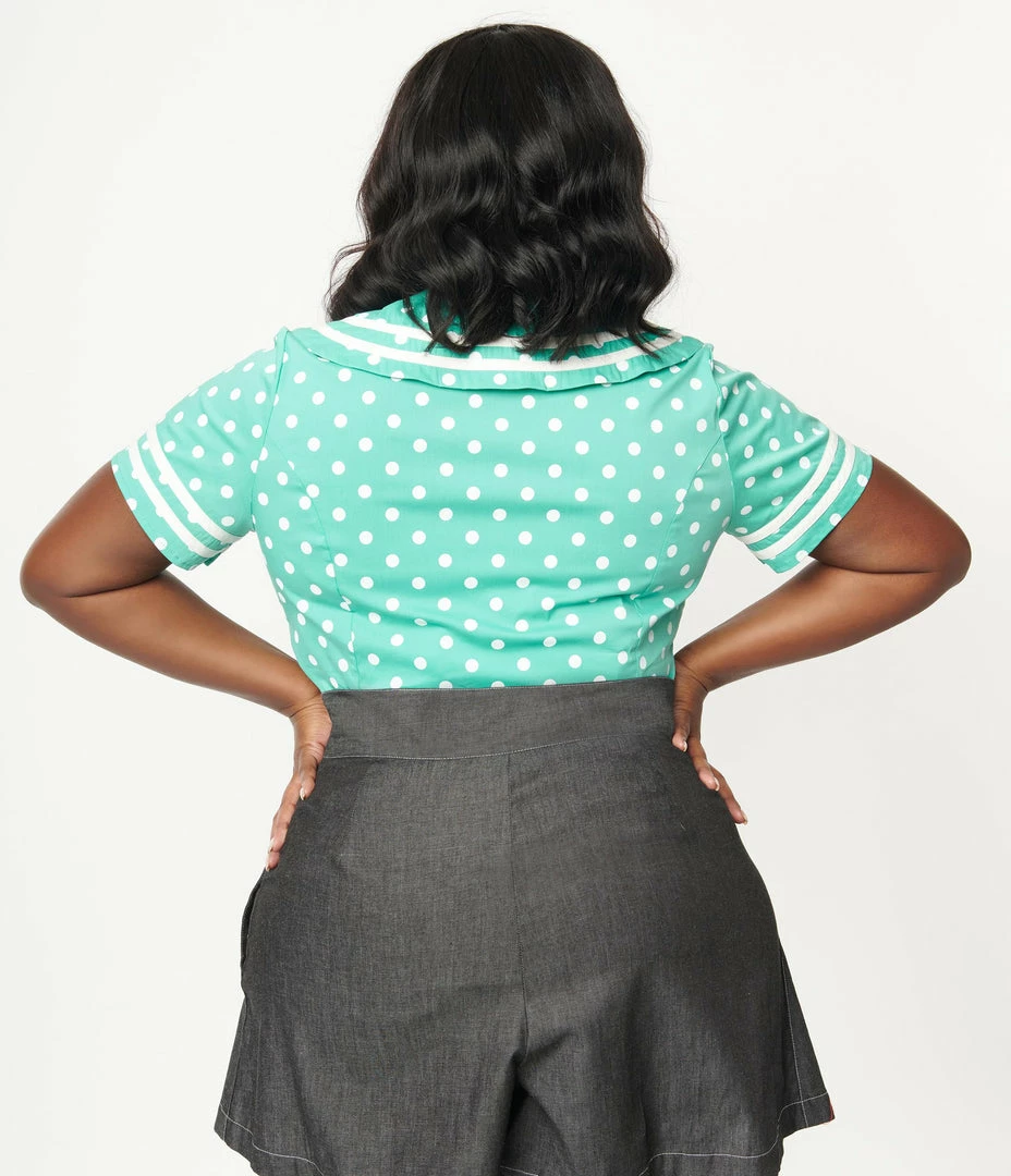 Sale Unique Vintage Plus Size Seafoam & White Polka Dots Candy Sailor Blouse