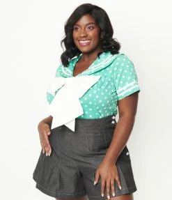 Sale Unique Vintage Plus Size Seafoam & White Polka Dots Candy Sailor Blouse