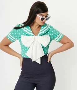 Unique Vintage Seafoam & White Polka Dots Candy Sailor Blouse