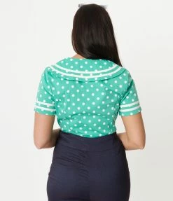 Unique Vintage Seafoam & White Polka Dots Candy Sailor Blouse