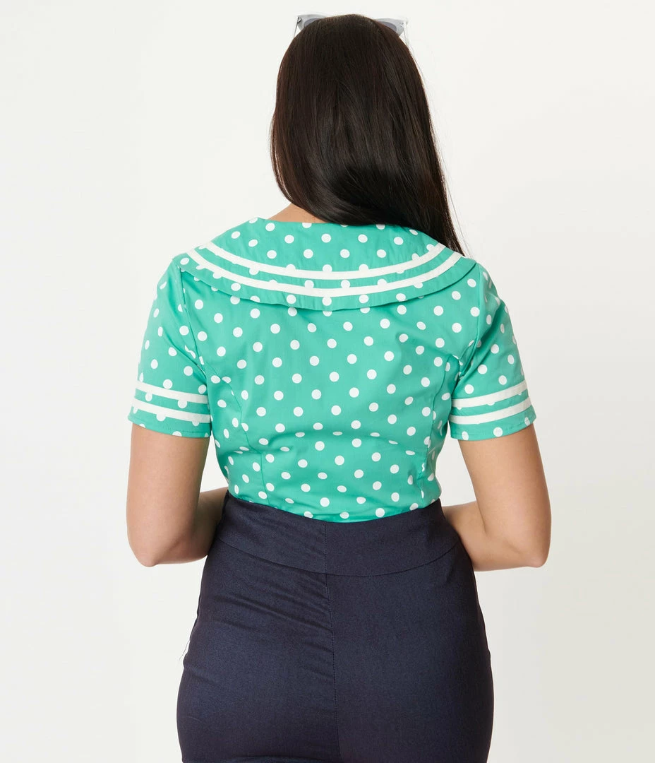 Unique Vintage Seafoam & White Polka Dots Candy Sailor Blouse
