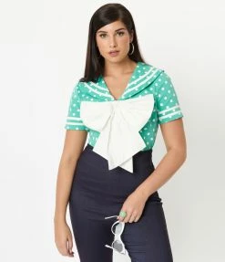 Unique Vintage Seafoam & White Polka Dots Candy Sailor Blouse