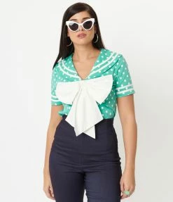Unique Vintage Seafoam & White Polka Dots Candy Sailor Blouse