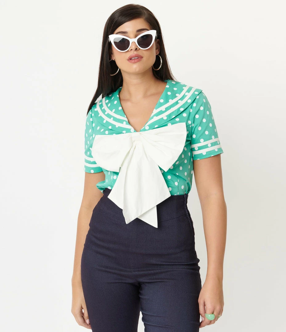 Unique Vintage Seafoam & White Polka Dots Candy Sailor Blouse