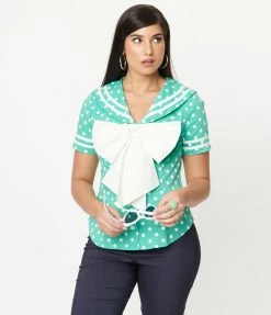 Unique Vintage Seafoam & White Polka Dots Candy Sailor Blouse