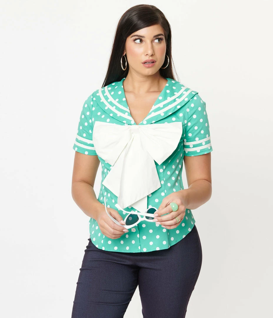 Unique Vintage Seafoam & White Polka Dots Candy Sailor Blouse