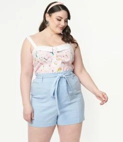 Unique Vintage Plus Size Light Blue High Waist Tied & True Shorts