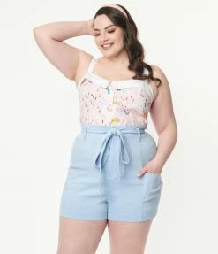 Unique Vintage Plus Size Light Blue High Waist Tied & True Shorts