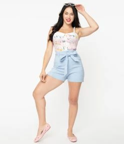 Unique Vintage Light Blue High Waist Tied & True Shorts