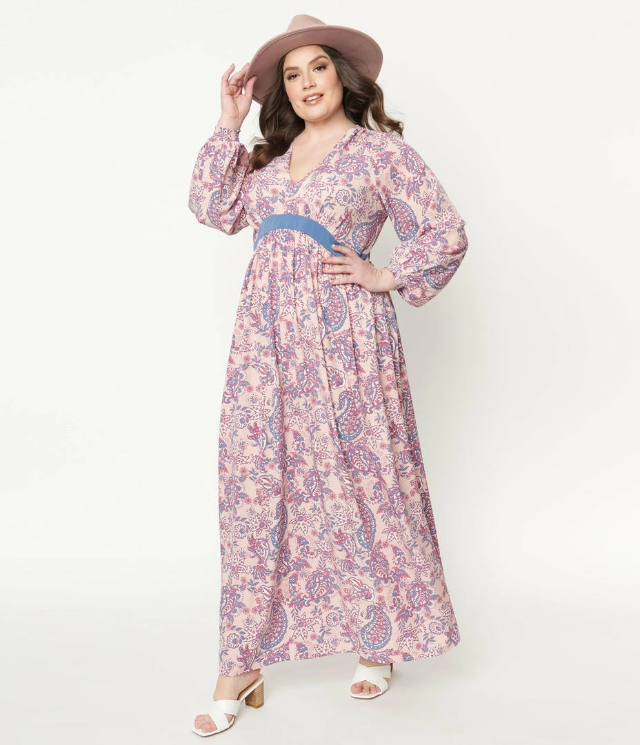 Sale Unique Vintage Plus Size Pink Paisley Print Buttercup Maxi Dress