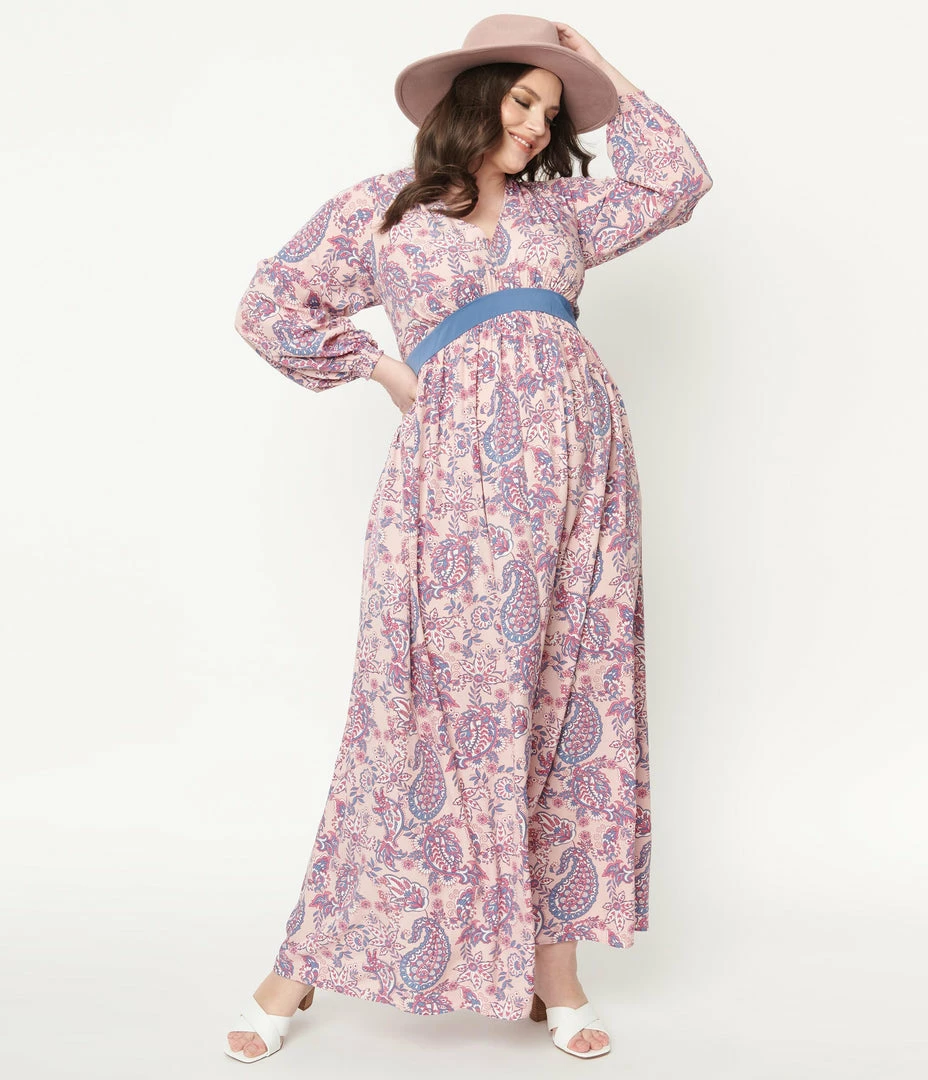 Sale Unique Vintage Plus Size Pink Paisley Print Buttercup Maxi Dress